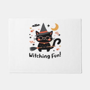 Witching Fun Black Cat with Broom – Cute Halloween Doormat