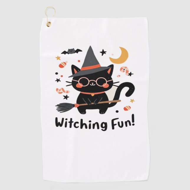 Witching Fun Black Cat with Broom – Cute Halloween Golf Towel (Front)