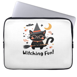 Witching Fun Black Cat with Broom – Cute Halloween Laptop Sleeve