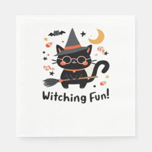 Witching Fun Black Cat with Broom – Cute Halloween Napkin