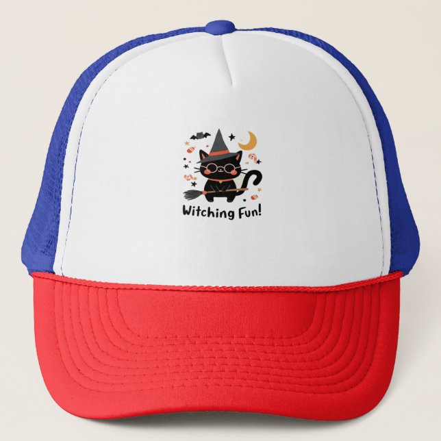 Witching Fun Black Cat with Broom – Cute Halloween Trucker Hat (Front)
