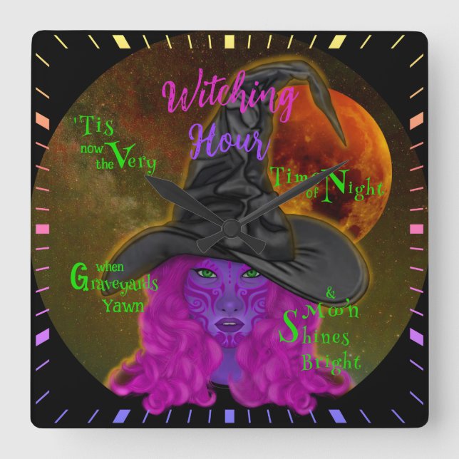 Witching Hour Green-eyed Witch Square Wall Clock (Front)