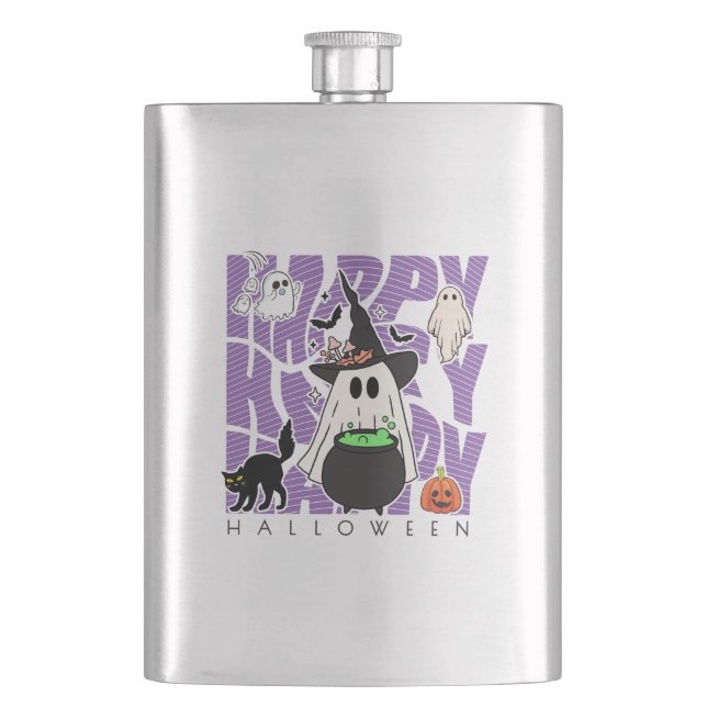 Witching Up Fun | Happy Halloween Magic & Mischief Hip Flask (Front)