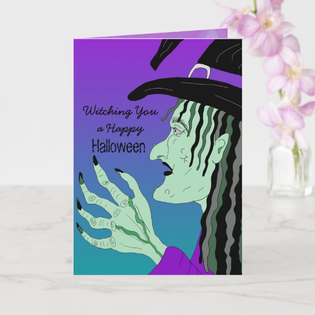 Witching you a Happy Halloween Hand Drawn Witch Card (Orchid)