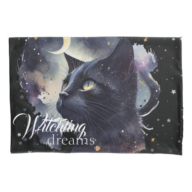 Witchling Dreams Black Cat and Stars Pillowcase (Front)