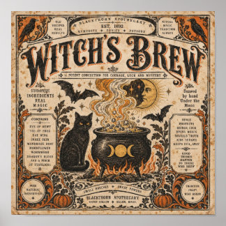 Witch's Brew Vintage Halloween Apothecary Poster