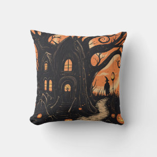 Witch's Cottage Twisted Tree Eerie Halloween Cushion