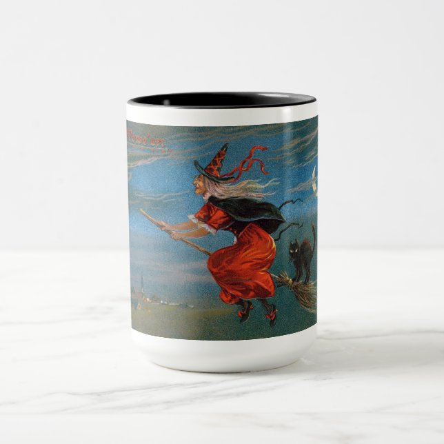 Witch's Familiar Black Cat Halloween on Broomstick Mug (Center)