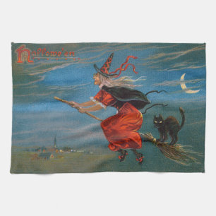 Witch's Familiar Black Cat Halloween on Broomstick Tea Towel