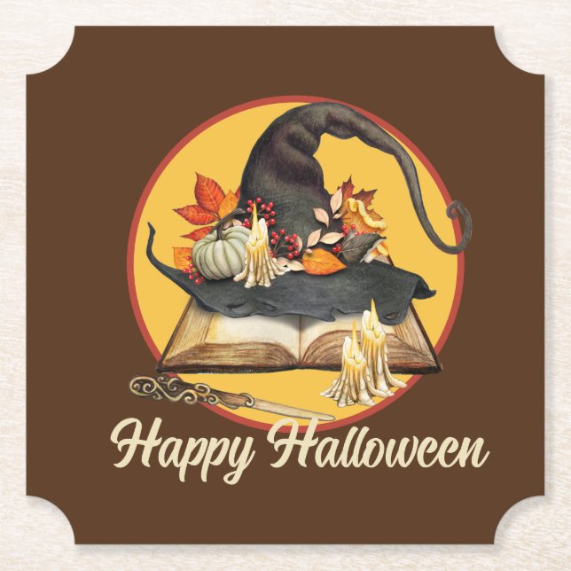 Witch's Hat & Spellbook Halloween  Paper Coaster (Front)