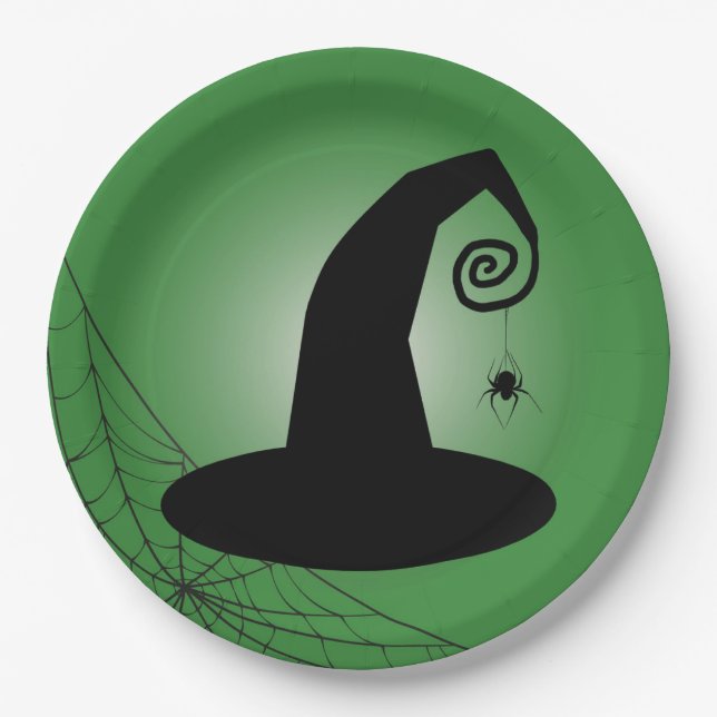 Witch's Hat With Spiderweb Green Paper Plates (Front)