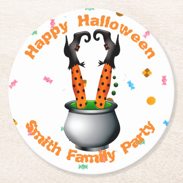 Witch's Legs & Brew in Orange & Black Round Paper Coaster (Front)