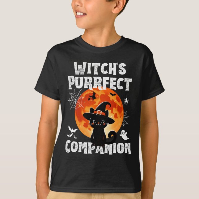 Witch's Purrfect Companion Cute Halloween Cat T-Shirt (Front)