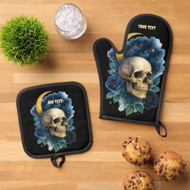 Witchy Aesthetic Gothic Floral Halloween Creepy  Oven Mitt & Pot Holder Set (Top Down)