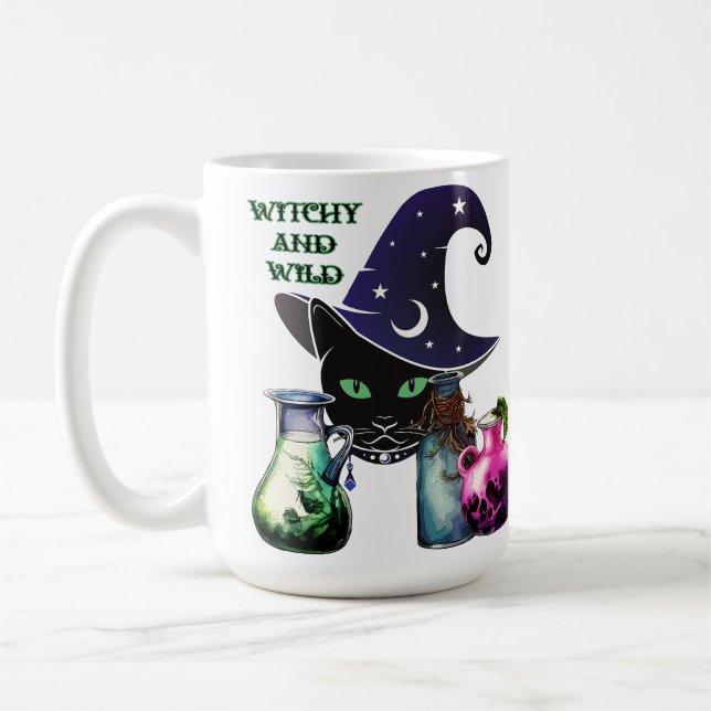 Witchy And Wild - Halloween Black Cat And Potions Coffee Mug (Left)