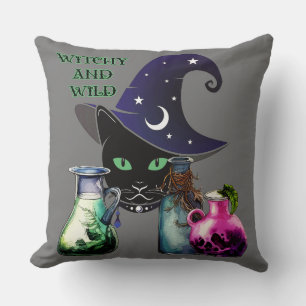 Witchy And Wild - Halloween Black Cat And Potions Cushion