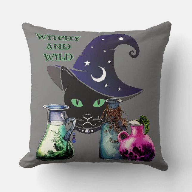 Witchy And Wild - Halloween Black Cat And Potions Cushion (Front)