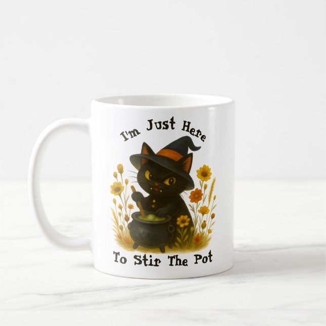 Witchy Black Cat "I’m Just Here to Stir the Pot" Coffee Mug (Left)
