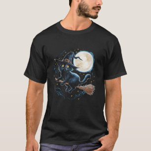 Witchy Black Cat on a Broomstick with Full Moon Ha T-Shirt