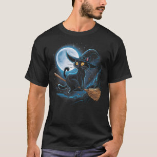 Witchy Black Cat on a Broomstick with Full Moon Ha T-Shirt