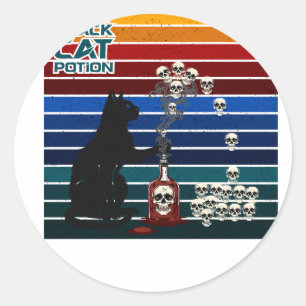 Witchy Black Cat Potion Retro Skull Art Classic Round Sticker