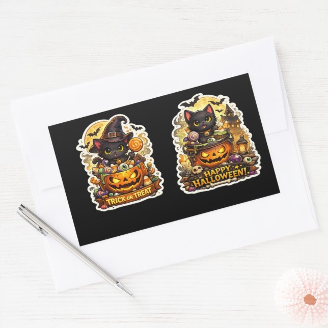 🐈‍⬛🎃 Witchy Black Cat – Spooky Halloween Pumpkin Rectangular Sticker (Envelope)