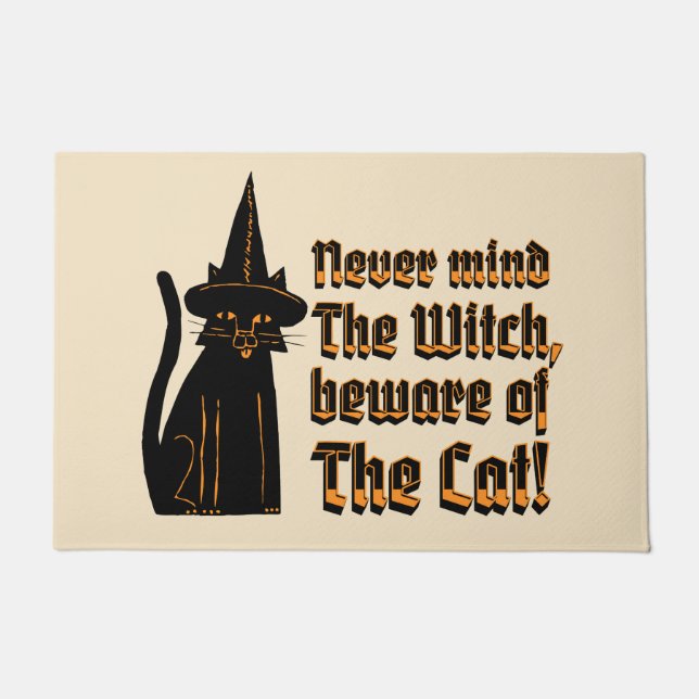 Witchy black cat, witch's familiar, vintage  doormat (Front)