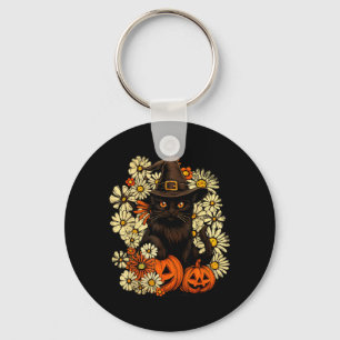 Witchy Black Cat With Flowers And Pumpkin Key Ring