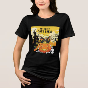 Witchy Black Cats in Pumpkin Cauldron Halloween Il Tri-Blend Shirt