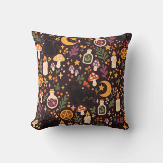 Witchy Black Cats Mushrooms Potions Throw Pillow