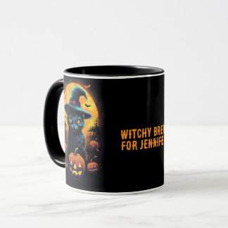 WITCHY BREW for ((name), Black Cat Halloween Mug