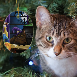 Witchy Brown Cat Magic Purple Full Moon Brewing Ceramic Ornament