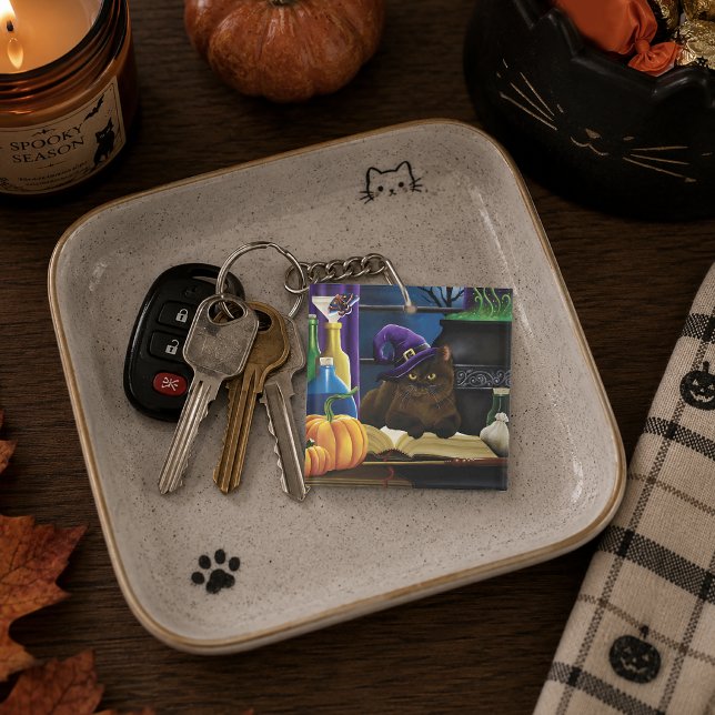 Witchy Brown Cat Magic Purple Full Moon Brewing Key Ring (Creator Uploaded)