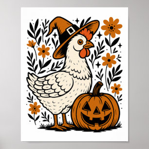 Witchy Chicken With Pumpkin Halloween Farm Autumn Poster