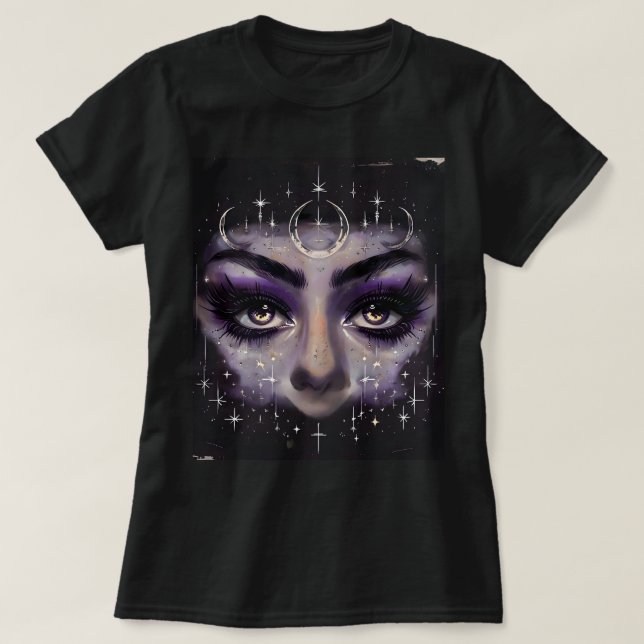 Witchy Cosmic Eyes – Purple Mystical Face T-Shirt (Design Front)