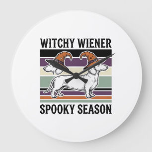 Witchy Dachshund Halloween Vintage Engraving Dog S Large Clock