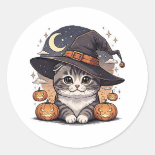 Witchy Fold – Cute Scottish Fold Kitten Halloween Classic Round Sticker