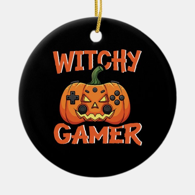Witchy Gamer Halloween Ceramic Ornament (Front)