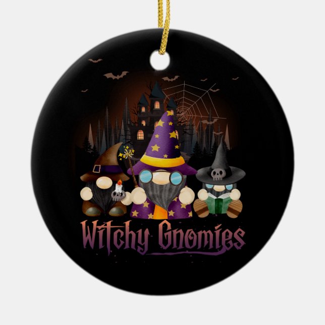 Witchy Gnomies Funny Gnome Halloween Matching Cost Ceramic Ornament (Front)