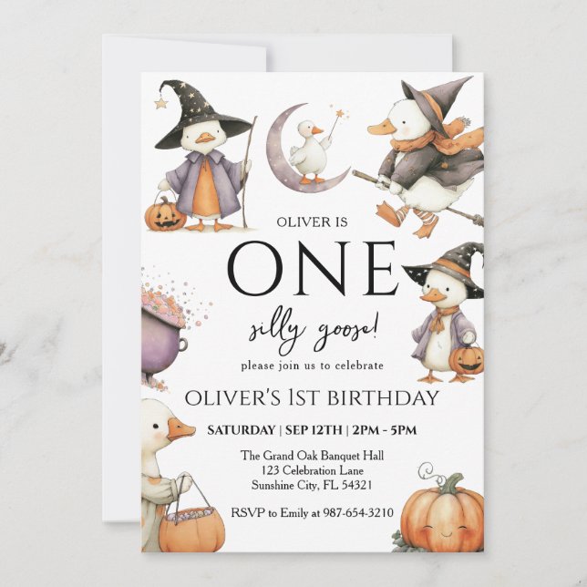 Witchy Goose Halloween,One Silly Goose 1st Party Invitation (Front)