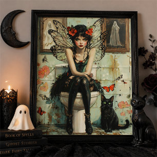 Witchy Gothic Fairy Black Cat Halloween Wall Art