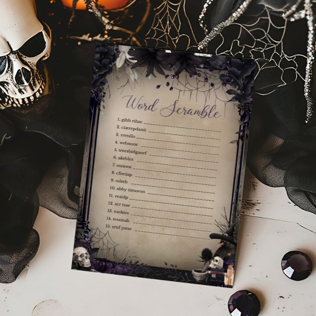 Witchy Gothic Halloween Word Scramble Game (Witchy Baby Shower Word Scramble Game)