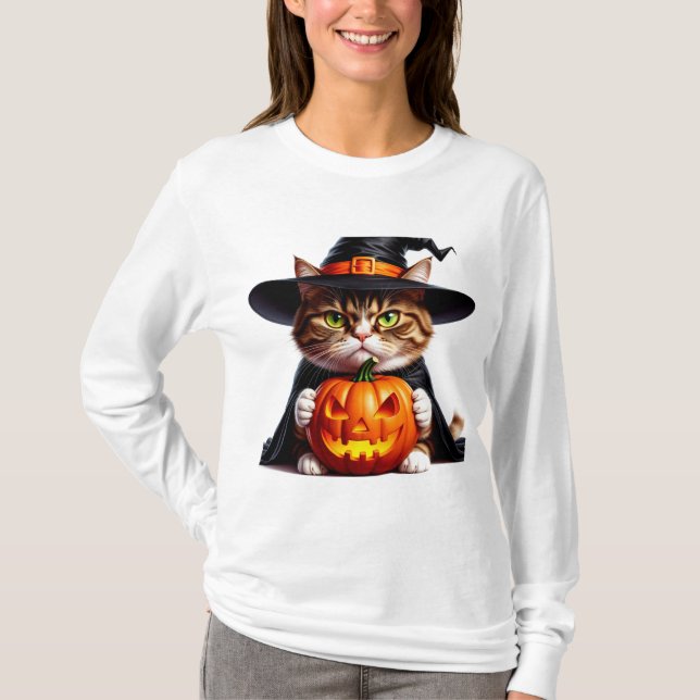 Witchy Grumpy Cat With Jack O Lantern Pumpkin 🎃 T-Shirt (Front)