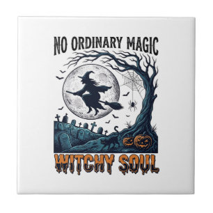 Witchy Halloween Art Vintage Engraving Moonlit Spe Ceramic Tile
