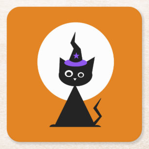 Witchy Halloween Cat Square Paper Coaster