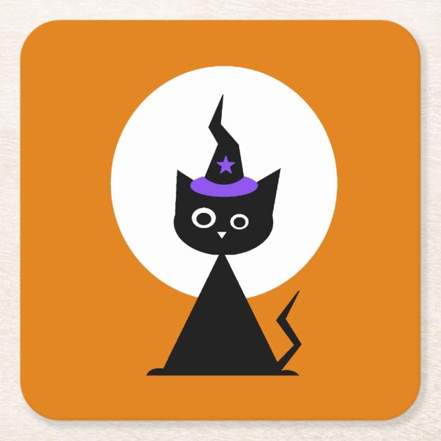 Witchy Halloween Cat Square Paper Coaster (Front)