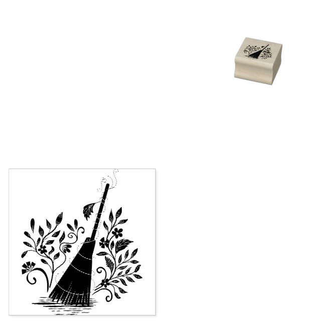 Witchy Halloween - Magic Floral Broom Rubber Stamp (Stamped)