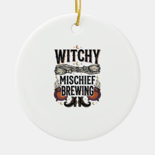Witchy Halloween Shirt With Broom And Cauldrons_1 Ceramic Ornament