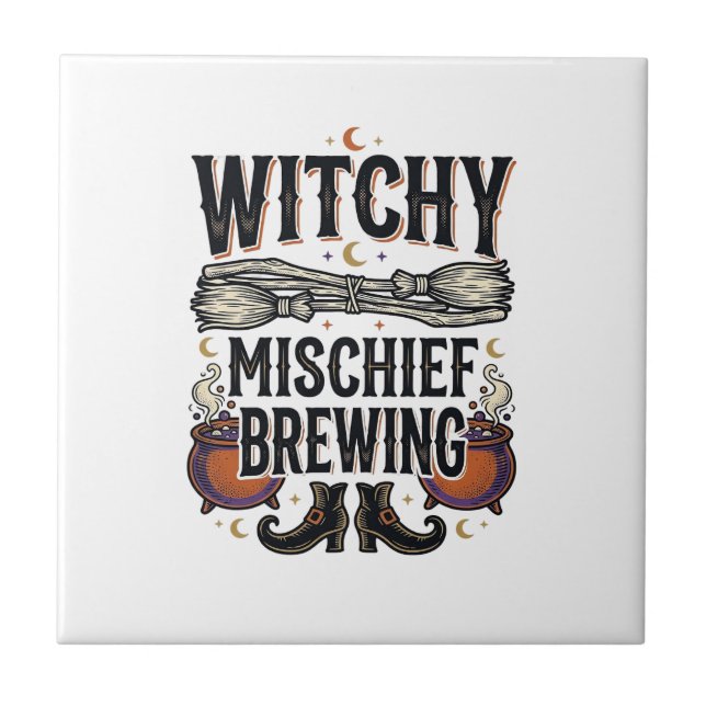 Witchy Halloween Shirt With Broom And Cauldrons_1 Ceramic Tile (Front)