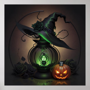 Witchy Hat Lantern and Pumpkin Poster
